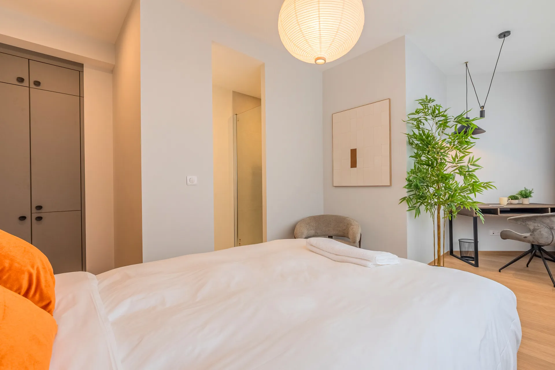 Photo d'une chambre standard — vue depuis le lit : placards, bureau et plante